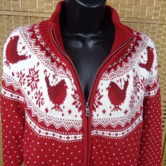 Talbots Red Full Zip Cardigan Sweater Nordic Fair Isle Cardinals Cotton - Picture 9 of 12